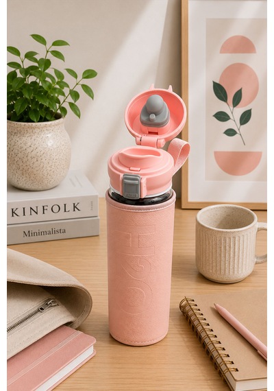 H2o Pastel Renk Kılıflı Kilit Kapaklı 500 Ml Cam Matara Sızdırmaz Ofis Ve Spor İçin Koruyucu Kılıflı Cam Suluk Pembe