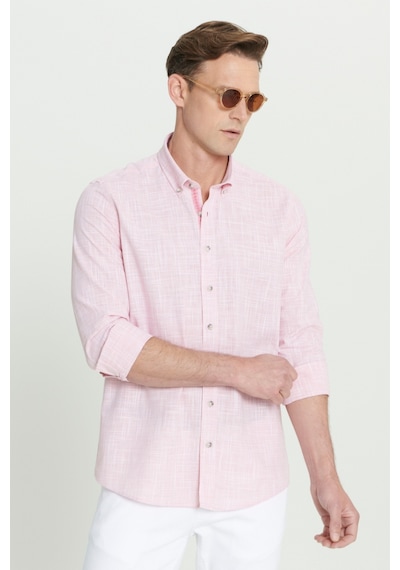 AC&Co / Altınyıldız Classics Erkek Bordo Slim Fit Dar Kesim Düğmeli Yaka Keten Görünümlü %100 Pamuk Flamlı Gömlek - Bordo