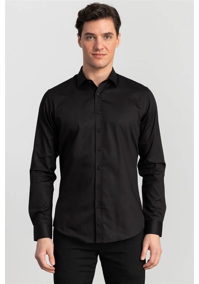 Tudors Slim Fit Dar Kesim Pamuk Saten, Erkek Gömlek-20337 Siyah
