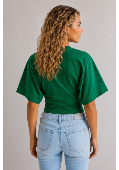 Overmax Bele Oturan Oversize Kollu Premium Crop Bluz Yeşil - 880759104 Yeşil