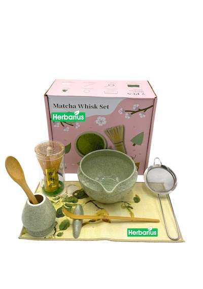 Herbarius 8 Parça Çiçek Desenli Benekli Adaçayı Yeşili Renk Matcha Çayı Hazırlama Seti - Geleneksel Japon Matcha Seti
