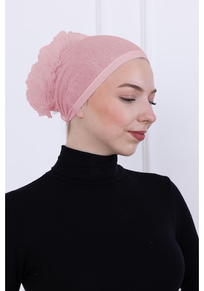 Loggia Fırfırlı Önden Dikişli Penye Bone - Kadın Tesettür Bağlamalı Topuz İç Bone-pembe Pembe