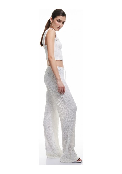 Koton Beli Bağlamalı Dokulu Bol Düz Paça Pantolon Ekru 5sak40001ek
