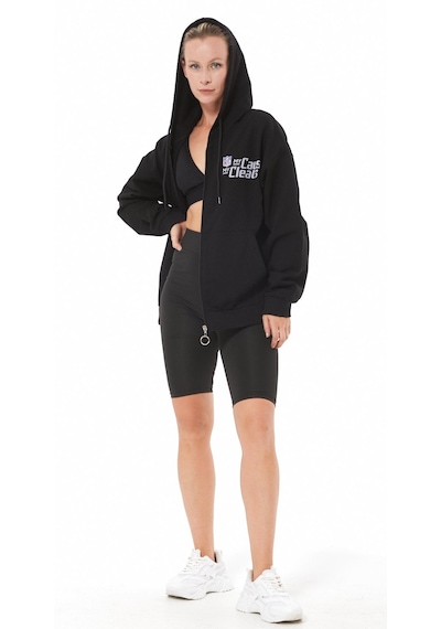 Siyah Kanguru Cep Nfl Baskılı Fermuarlı Sweatshirt Siyah