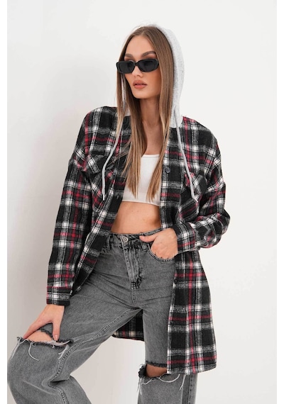 Polologin Butik Kadın Siyah Kırmızı Beyaz Çizgi Detaylı Kapşonlu Gömlek Kırmızı