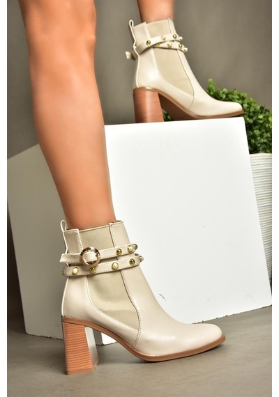 Fox Shoes R518101109 Bej Kalın Topuklu Kadın Bot Bej