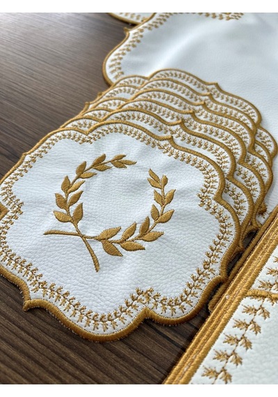Başak Krem Gold 12 Kişilik 37 Parça Masa Örtüsü Nakışlı Deri Runn
