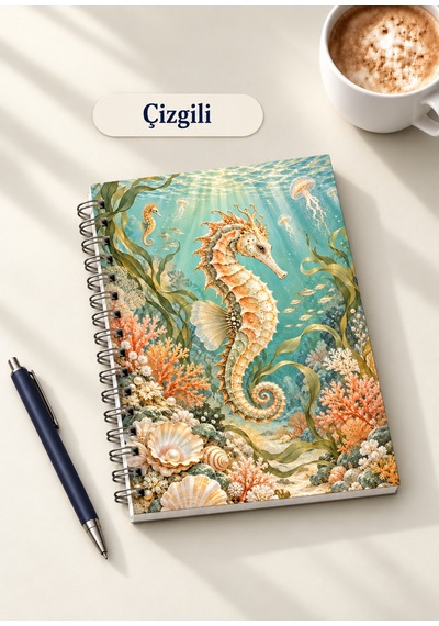 Masalsı Deniz Altı Su Altı Bahçesi Temalı 2'li Set A5 Metal Spiralli Çizgili-kareli Karton Kapak Masalsı Deniz Altı Su Altı Bahçesi Temalı 2'li Set A5 Çizgili-kareli Defter