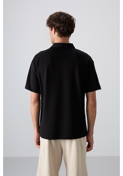 Tommy Life Siyah Pamuklu Kalın Yumuşak Dokulu Oversize Fit Basic Polo Yaka Erkek T-shirt - 88327 001