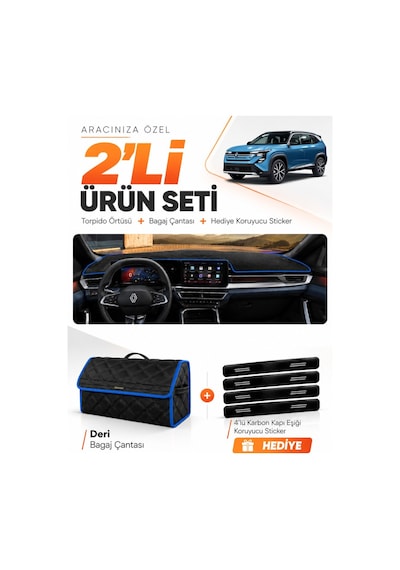 Renault Boreal 2025-sonrası Uyumlu Torpido Örtüsü + Deri Bagaj Çantası + Sticker Seti - Siyah Mavi