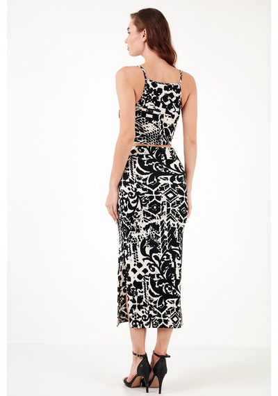Lela Slim Fit Ip Askılı Yırtmaçlı Midi Alt-Üst Bayan Takım 5865726 Siyah