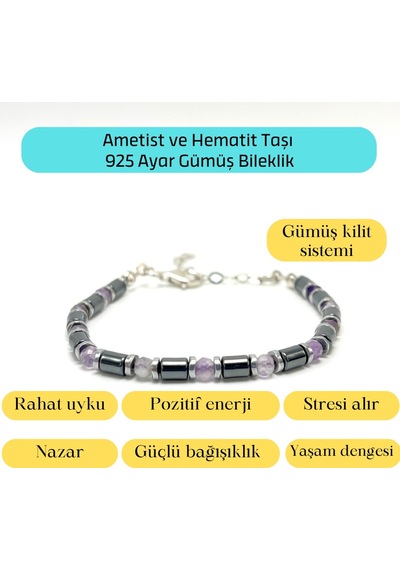 Yıldız Doğal Taş Ametist ve Hematit Doğal Taş Gümüş Bileklik 4 MM