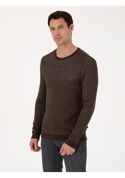 Cacharel Kahverengi Slim Fit Pamuk Karışımlı Bisiklet Yaka Triko Kazak