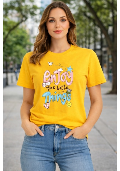 Herkesemoda Enjoy Things Yazı Detaylı Basic T-shirt Sarı