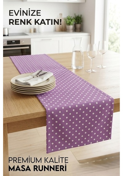 Lila Puantiyeli Kaliteli Kumaş Runner Su İtici Leke Tutmaz Masa Örtüsü Ranır 40x180 Cm Mor