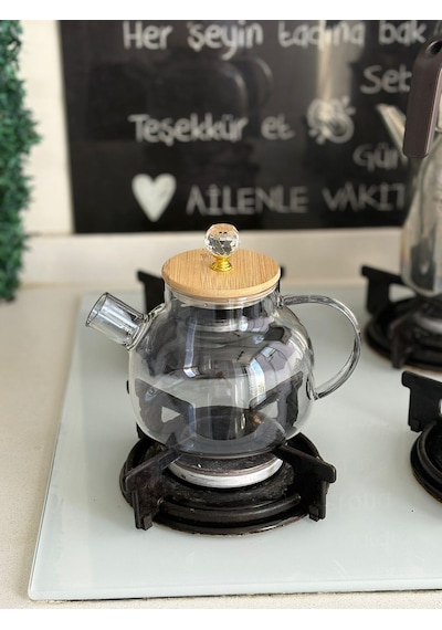 Qerhome Borosilikat Cam Bambu Kapaklı Kristal Detaylı Bitki Çayı Demliği 1000 Ml Füme Alg Füme