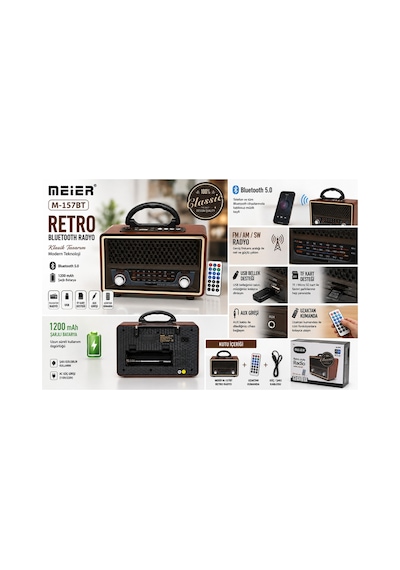 Meier M-157bt Retro Bluetooth Şarjlı Radyo Nostaljik Altın - 913589880