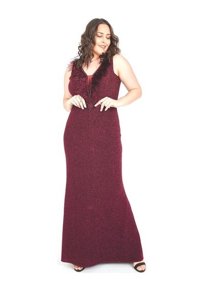 Ladies First Büyük Beden 3472 Bordo Uzun Abiye Elbise 001