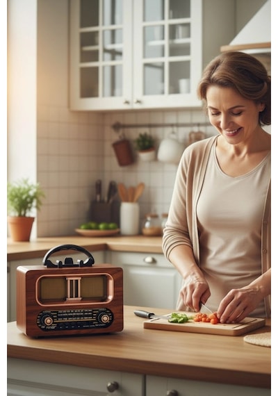Biishe Büyük Boy Retro, Nostaljik, Ahşap Tasarım Bluetooth Hoparlörlü, Şarjlı, Taşınabilir Fm/am De