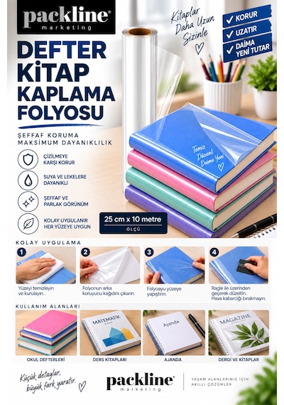 Packline Marketing Şeffaf Kendinden Yapışkanlı Defter Kitap Kaplama Folyosu 25cm X 10metre