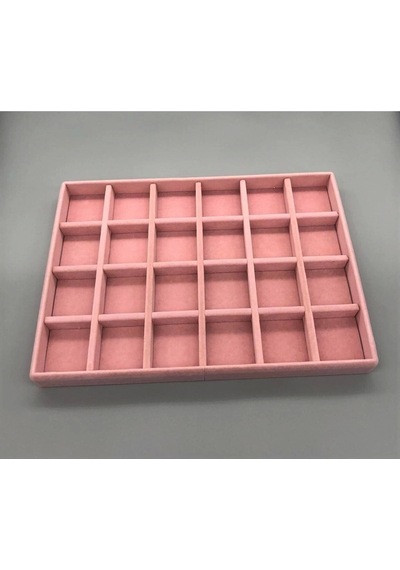 Yerli Mdf Üzerine Kumaş Kaplama Oval Köşeli Süet Pembe 24 Bölmeli Takı Tablası Çok Renkli