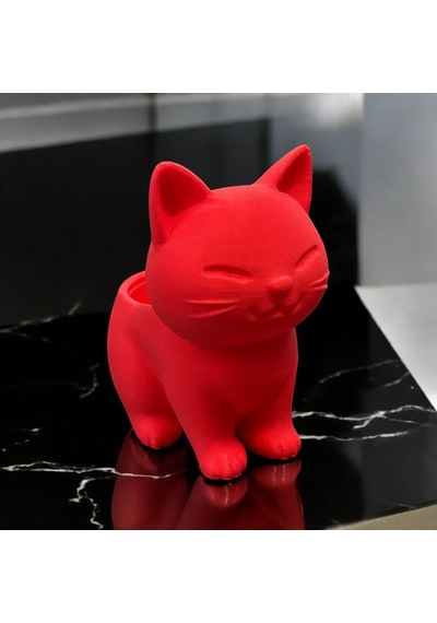 3d Baskı Sevimli Kedi Saksı - Figürlü Sukulent Saksısı-kırmızı