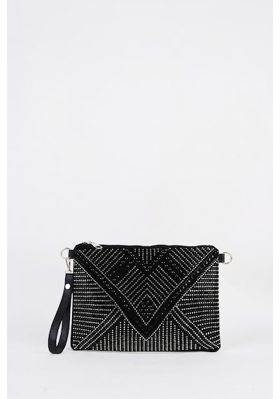 Vivaq Kadın Geometrik Gümüş Taşlı Süet Bilek Askılı Ve Zincir Askılı Portföy El Ve Clutch Çanta SİYAH