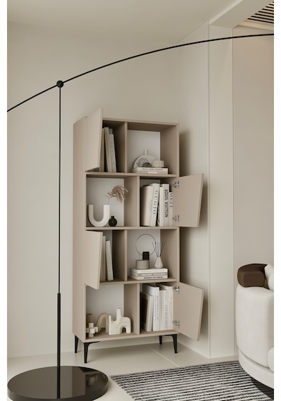Roma Kitaplık 175 Cm - Vitrin - Gümüşlük 100% Mdf Metal Ayak Kumtaşı