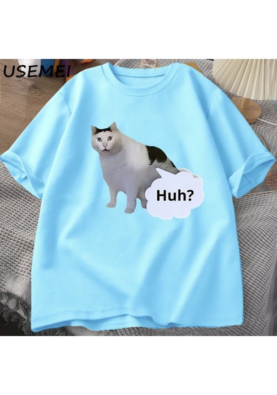 Flood Of Style Huh Kedi Komik Meme T Shirt Erkek Kadın Absurd Weirdcore T-shirt Rahat Yuvarlak Boyun Pamuk K Mavi