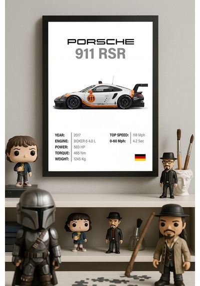 Porsche 911 Rsr Siyah Ahşap Çerçeveli Poster, Dekoratif Araba Duvar Tablosu