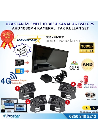 Uzaktan İzlemeli 10.36 İnç 4 Kanal 4g Gps Bsd Kör Nokta Uyarı Sistemli Profesyonel Araç Kamera Seti