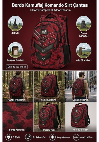 Komando Sırt Çantası Bordo Kamuflaj 3 Gözlü Kamp Ve Outdoor 46x32x18 Cm Çok Renkli