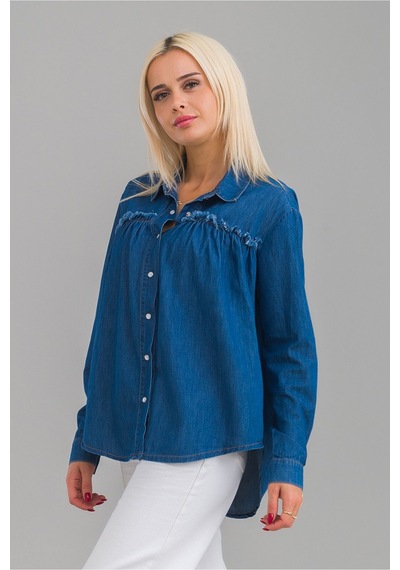 Bold & Young Kadın Pis Dikişli Pamuklu Denim Kumaş Çıtçıtlı Kol Britli Kot Gömlek İndigo