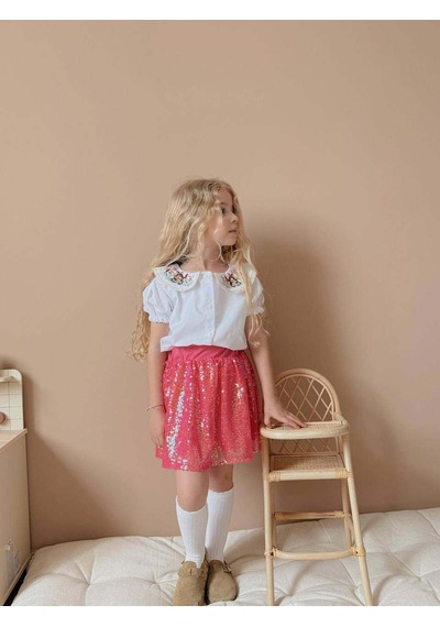 Miniko Kids Kız Çocuk Kısa Kol Gömlekli Pullu Etekli Bayramlık Takım Pembe