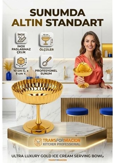 2'li Profesyonel İnox Gold Paslanmaz Çelik Ayaklı Dondurma Ve Tatlı Sunum Kasesi Seti 723150 Açık Mavi