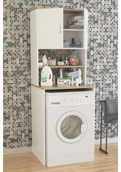 AE-2042 Solo Çamaşır Makinesi Dolabı, Banyo Dolabı, 4 Raflı, Kapaklı, Beyaz Dolap Beyaz
