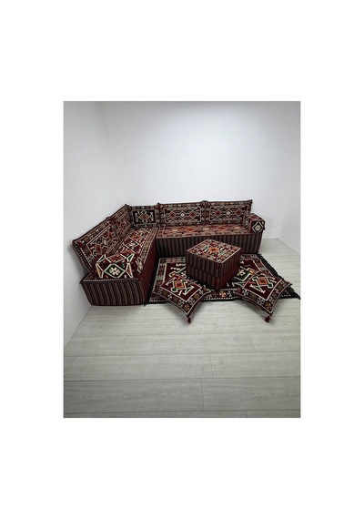 40 Cm Kalın Süngerli Bordo Anadolu Şark Köşesi - Kilim Desenli L Yer Minderi Seti