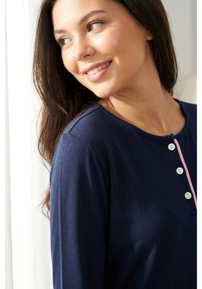 Aura Collections Kadın Pamuklu Uzun Kollu Üç Düğmeli Biyeli Soft Örme Pijama Takımı Lacivert