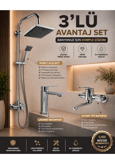 Krom 3'lü Set Robot Duş Seti Çift Su Girişli Mutfak Bataryası Ve Sabit Lavabo Bataryası