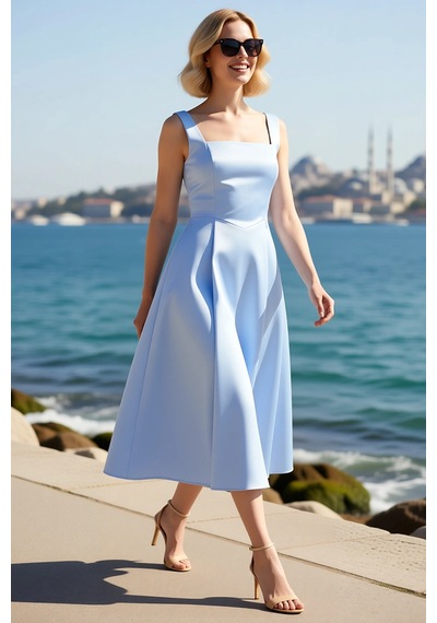 Benerly Kadın Kare Yaka Kalın Askılı A Kesim Midi Saten Dokuma Kokteyl Ab Açık Mavi