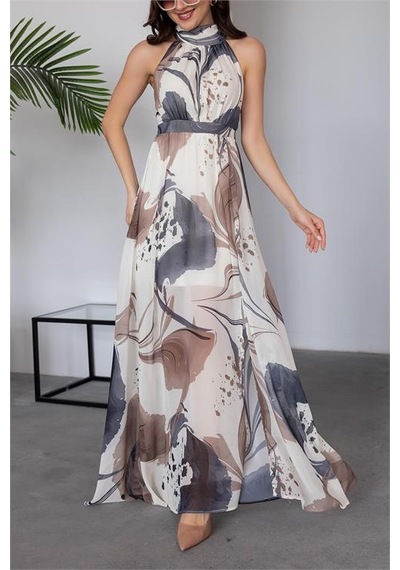 Neşeli Butik Kadın Halter Yaka Astarlı Maxi Şifon Elbise Nbmy3242 Gri