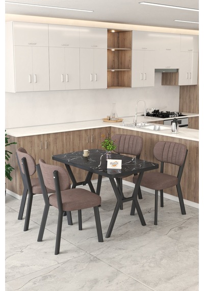 Gnr 70x110cm Sabit Siyah Mutfak Masası Takımı, Yemek Masası, 4 Modern Kahverengi Sandalye Kahverengi