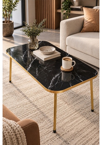 Sulorahome Gold Ayaklı Mermer Desenli Siyah Orta Sehpa 90x50 Cm Altın - Siyah