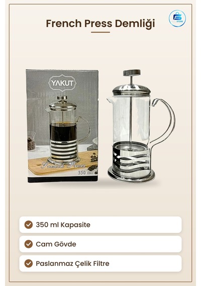 French Press 350 Ml Cam Kahve Demliği Paslanmaz Çelik Filtreli Mu Çok Renkli