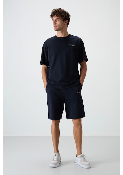 Lacivert Pamuklu Kalın Yumuşak Dokulu Oversize Fit Nakışlı Erkek Şort Takım - 85250