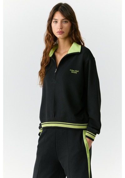 Urban Beat Natan Kadın Dik Yakalı Fermuarlı Baskı Detaylı Relaxed Siyah Sweatshirt Siyah