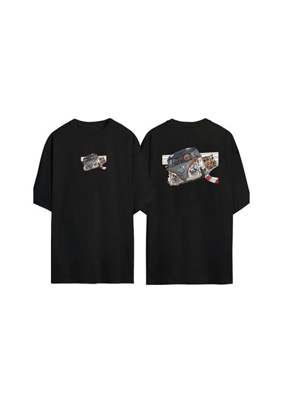Thewert Unisex Araba Yarışı Vosvos Ön Arka Baskılı Sıyah Oversize T-shirt Siyah