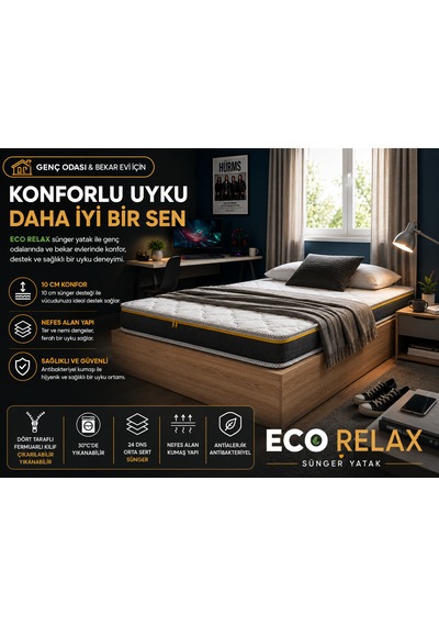 Eco Relax 10 Cm Sünger Yatak Yer Yatağı, Misafir Yatağı Ve Ranza Uyumlu Fermuarlı Yıkanabilir Kılıf 24 Dns Orta Sert Sünger Tek Kişilik