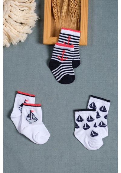 Cocole Socks Erkek Çocuk Soket Çorabı 3 Lü Set Pamuklu Yelkenli & Çapa Desenli Çok Renkli