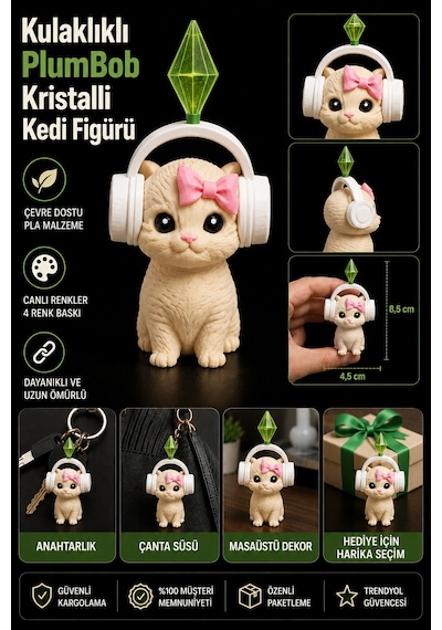 11 Cm Sims Plumbob Kulaklıklı Kristalli Kedi Figürü-dekoratif Sevimli Kedi Biblo